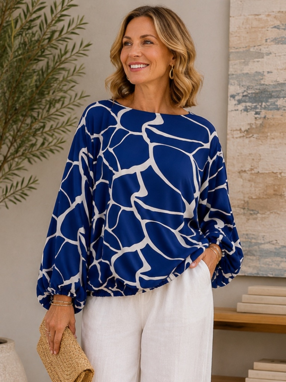 NWT Coldesina Blue Abstract Print Batwing Dolman Sleeve Top L